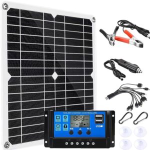 Ovfioaji 200W Solar Panel Kit 12V with 100A Solar Charge Controller and Extension Cable with Battery Clips for Boat Motorcycle Home Outdoor Lights RV Outdoor Camera Generators