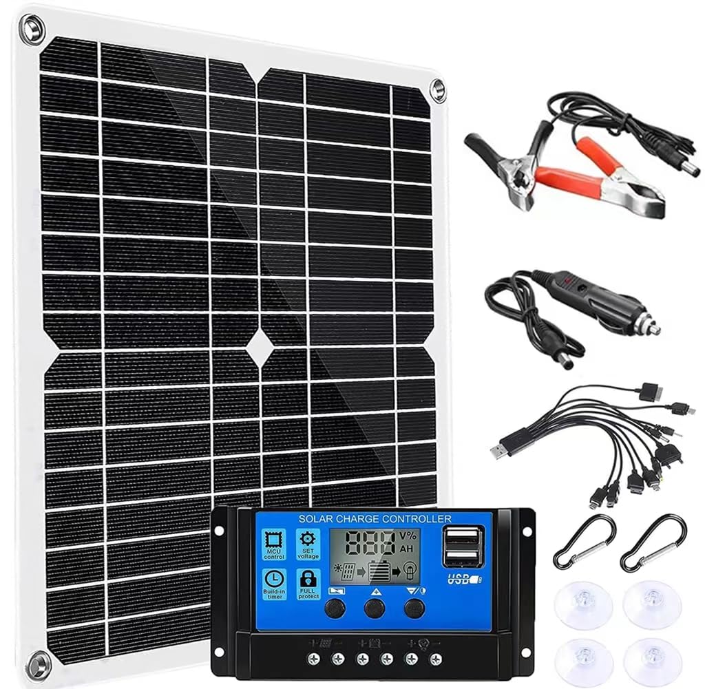 Ovfioaji 200W Solar Panel Kit 12V with 100A Solar Charge Controller and Extension Cable with Battery Clips for Boat Motorcycle Home Outdoor Lights RV Outdoor Camera Generators