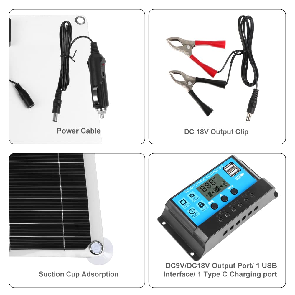 Ovfioaji 200W Solar Panel Kit 12V with 100A Solar Charge Controller and Extension Cable with Battery Clips for Boat Motorcycle Home Outdoor Lights RV Outdoor Camera Generators