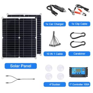 Ovfioaji 200W Solar Panel Kit 12V with 100A Solar Charge Controller and Extension Cable with Battery Clips for Boat Motorcycle Home Outdoor Lights RV Outdoor Camera Generators