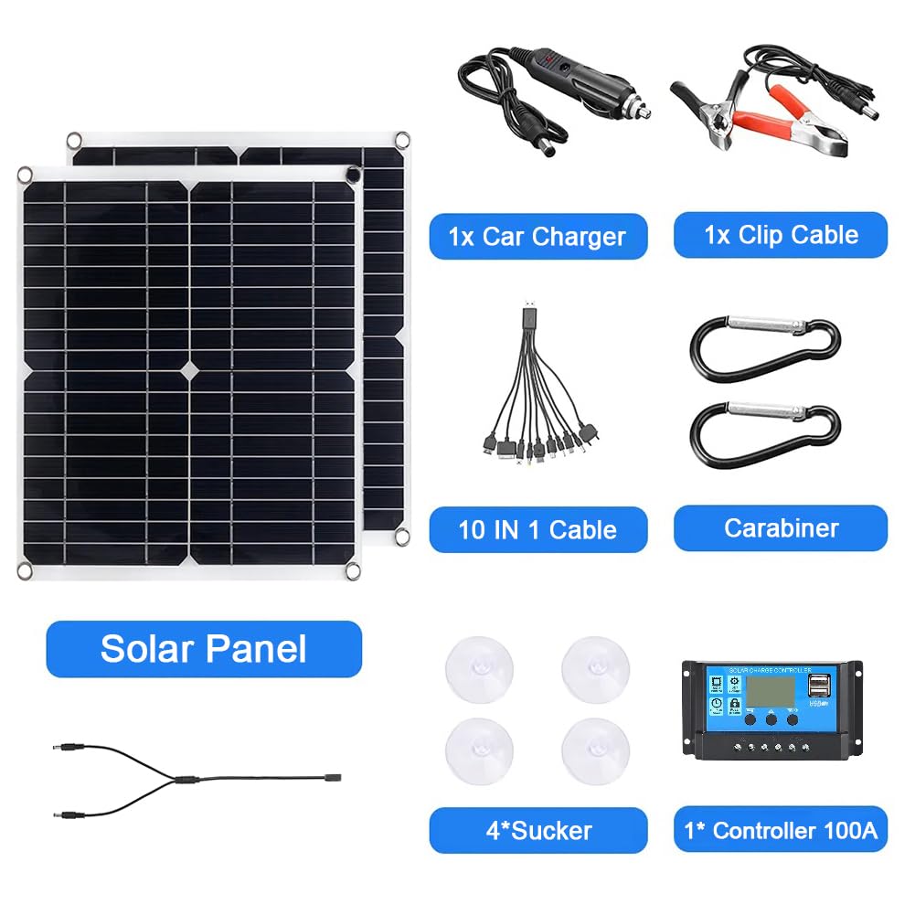 Ovfioaji 200W Solar Panel Kit 12V with 100A Solar Charge Controller and Extension Cable with Battery Clips for Boat Motorcycle Home Outdoor Lights RV Outdoor Camera Generators