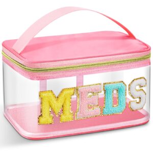 chenille letter bag nylon makeup bag portable bag makeup cases preppy patch makeup bag with zipper cosmetic toiletry storage bag for women girls (pink,chic meds)