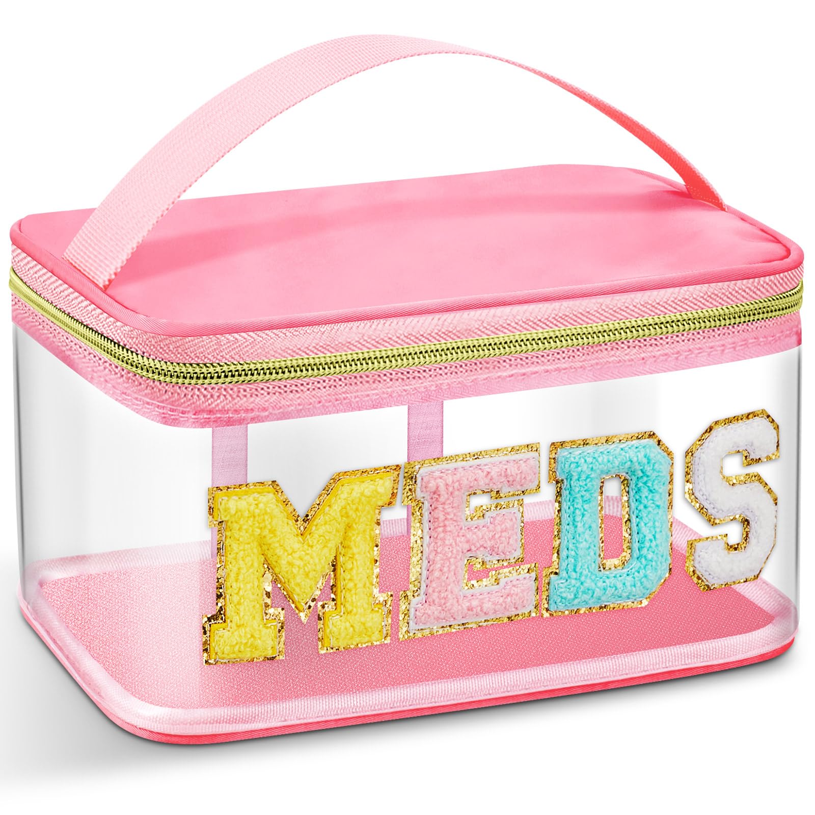 Chenille Letter Bag Nylon Makeup Bag Portable Bag Makeup Cases Preppy Patch Makeup Bag with Zipper Cosmetic Toiletry Storage Bag for Women Girls (Pink,Chic MEDS)