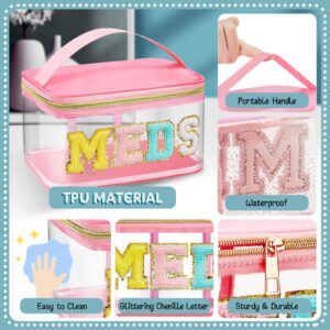 Chenille Letter Bag Nylon Makeup Bag Portable Bag Makeup Cases Preppy Patch Makeup Bag with Zipper Cosmetic Toiletry Storage Bag for Women Girls (Pink,Chic MEDS)