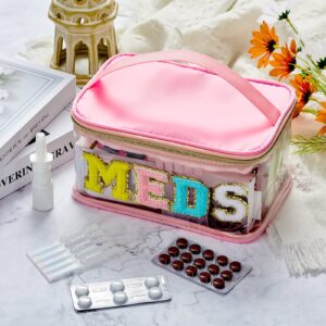 Chenille Letter Bag Nylon Makeup Bag Portable Bag Makeup Cases Preppy Patch Makeup Bag with Zipper Cosmetic Toiletry Storage Bag for Women Girls (Pink,Chic MEDS)