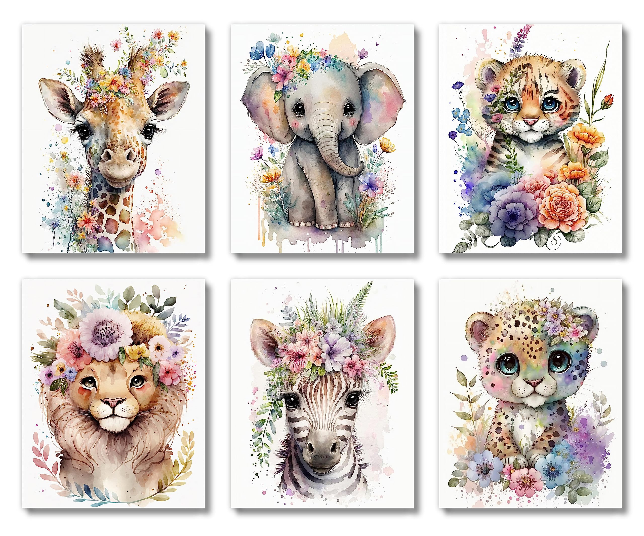 Brooke & Vine Baby Watercolor Safari Animals Nursery Decor Wall Art Prints (UNFRAMED 8x 10 Set of 6),Jungle Themed Gender Neutral Toddler, Classroom,Zebra Elephant Giraffe Tiger Leopard Lion