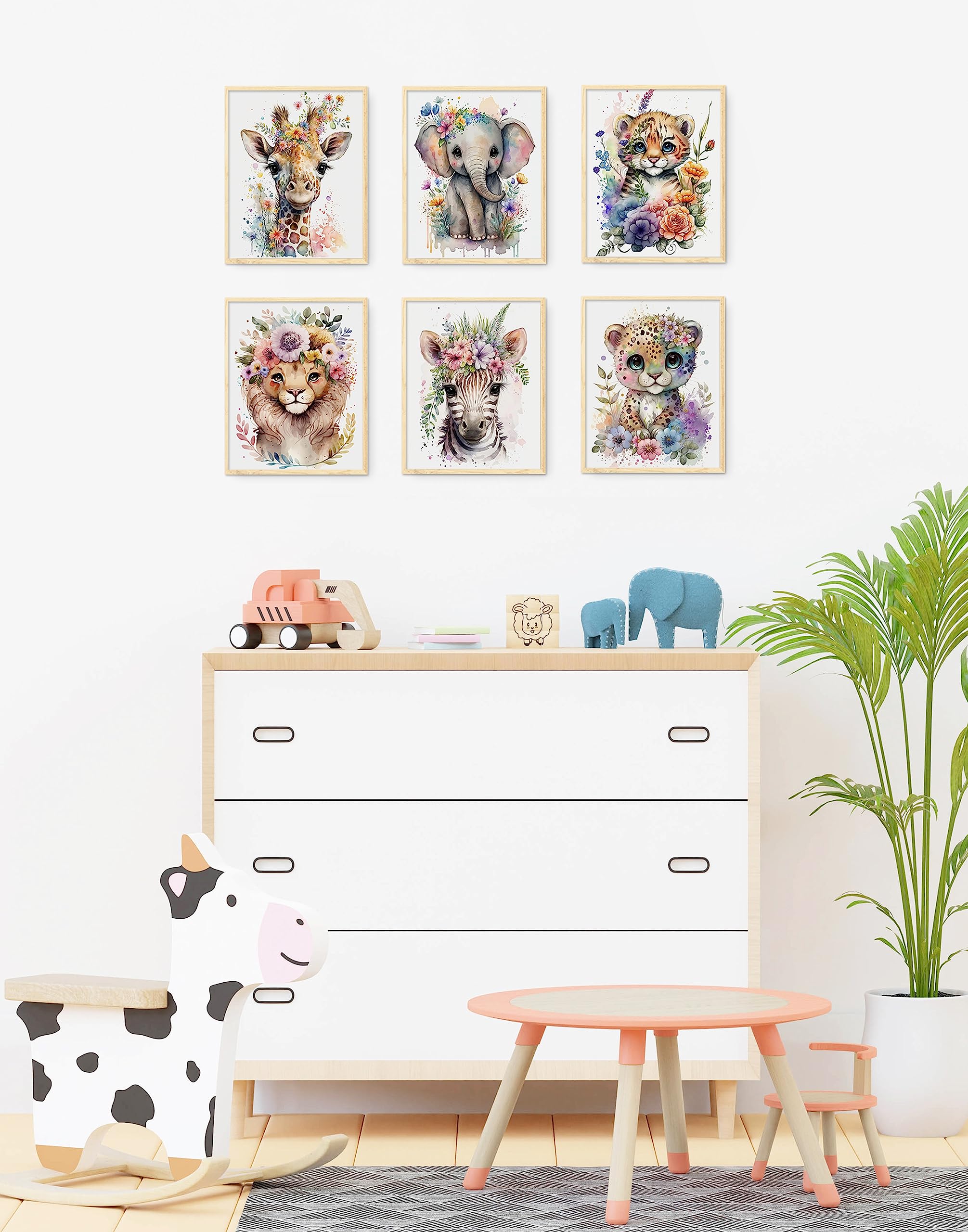 Brooke & Vine Baby Watercolor Safari Animals Nursery Decor Wall Art Prints (UNFRAMED 8x 10 Set of 6),Jungle Themed Gender Neutral Toddler, Classroom,Zebra Elephant Giraffe Tiger Leopard Lion