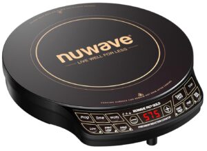 nuwave precision induction cooktop gold, 12” shatter-proof ceramic glass surface, large 8” heating coil, portable, 51temp settings 100°f to 575°f, 3 wattage settings 600, 900, and 1500 watts