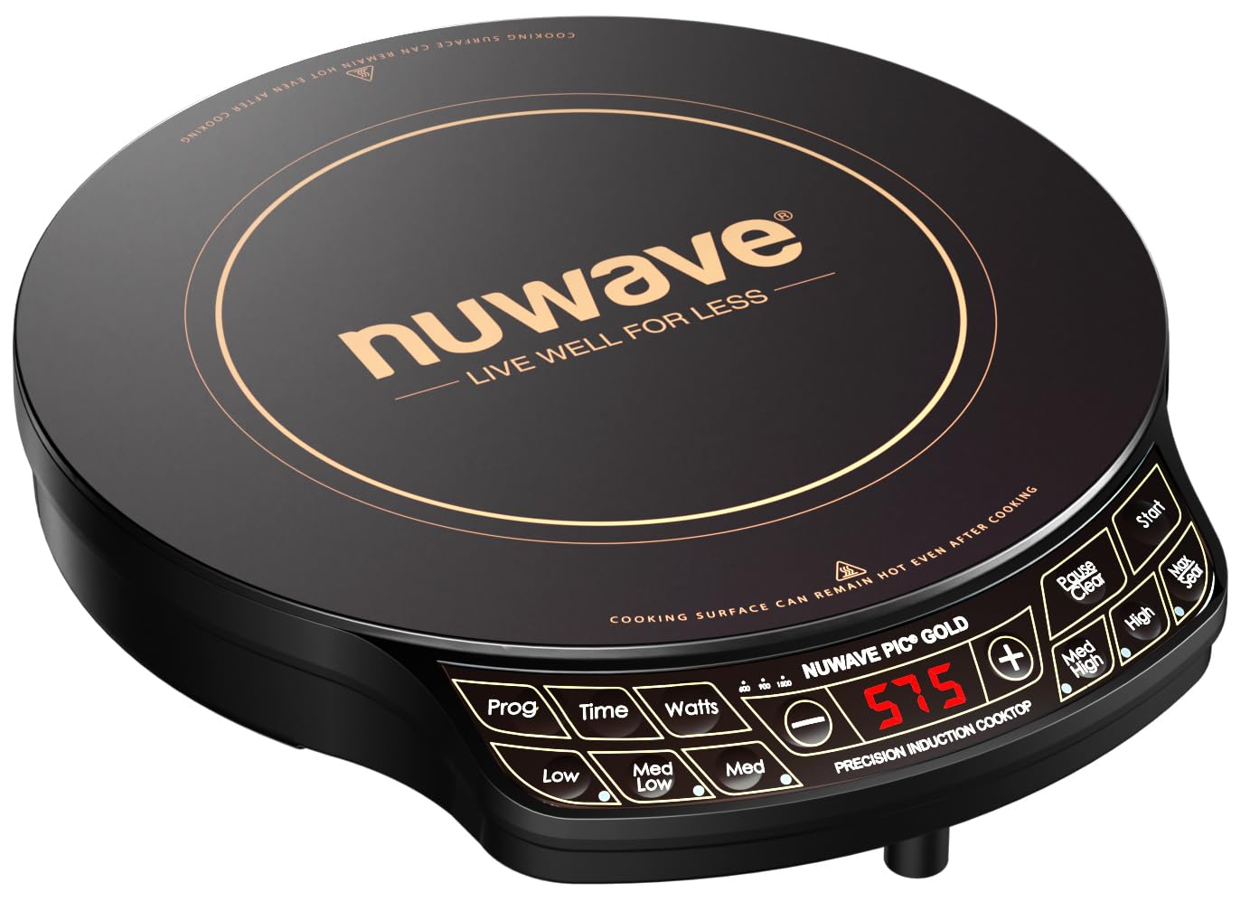 Nuwave Precision Induction Cooktop Gold, 12” Shatter-Proof Ceramic Glass Surface, Large 8” Heating Coil, Portable, 51Temp Settings 100°F to 575°F, 3 Wattage Settings 600, 900, and 1500 Watts