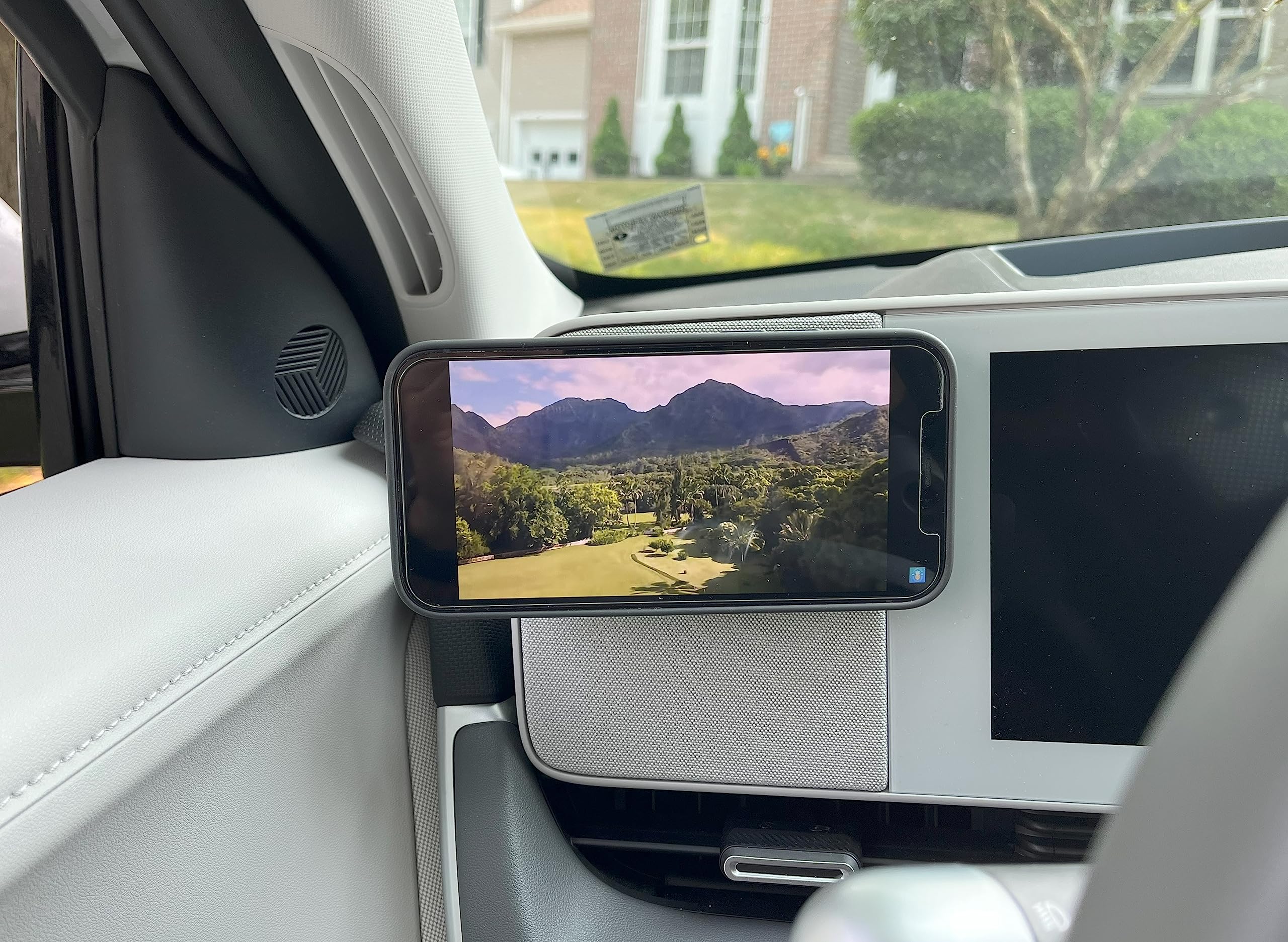 iPhone Holder Mount for Hyundai Ioniq 5. Attaches Magnetically to Metallic Dashboard. Compatible with MagSafe for iPhone 12/13/14/15 Series.