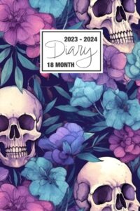 2023 - 2024: 18 month diary a5 week to view on 2 pages weekly journal agenda wo2p planner jul 23 to dec 24 horizontal with moon phases, uk & us ... and flowers watercolour deep purple and teal