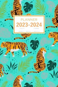 planner july 2023-2024 june: 6x9 medium notebook organizer with hourly time slots | tiger tropical leaf design turquoise