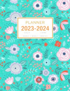 planner july 2023-2024 june: 8.5 x 11 large notebook organizer with hourly time slots | cute pastel floral design turquoise