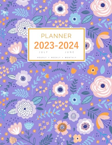 Planner July 2023-2024 June: 8.5 x 11 Large Notebook Organizer with Hourly Time Slots | Cute Pastel Floral Design Blue-Violet