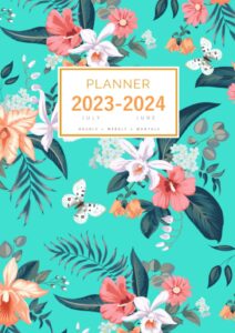 planner july 2023-2024 june: a4 large notebook organizer with hourly time slots | orchid with tropical flower design