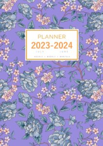 planner july 2023-2024 june: a4 large notebook organizer with hourly time slots | vintage flower leaf design blue-violet
