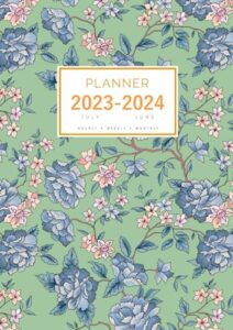 planner july 2023-2024 june: a4 large notebook organizer with hourly time slots | vintage flower leaf design green