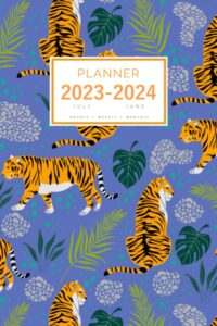 planner july 2023-2024 june: 6x9 medium notebook organizer with hourly time slots | tiger tropical leaf design blue