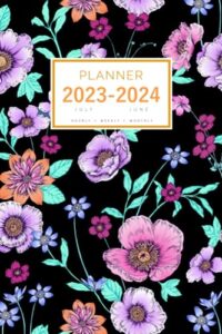 planner july 2023-2024 june: 6x9 medium notebook organizer with hourly time slots | beautiful flower garden design black