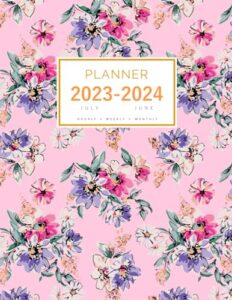 planner july 2023-2024 june: 8.5 x 11 large notebook organizer with hourly time slots | colorful sketched flower design pink