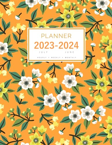 Planner July 2023-2024 June: 8.5 x 11 Large Notebook Organizer with Hourly Time Slots | Spring Summer Small Flower Design Orange