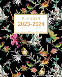 planner july 2023-2024 june: 8x10 large notebook organizer with hourly time slots | summer flower exotic bird design black