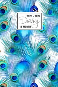 2023 - 2024: 18 month diary a5 week to view on 2 pages weekly journal agenda wo2p planner jul 23 to dec 24 horizontal with moon phases, uk & us ... iridescent blue green feather pattern