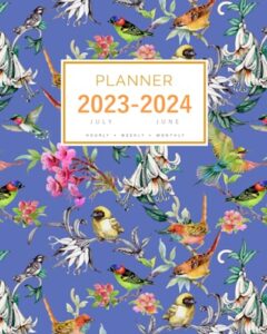 planner july 2023-2024 june: 8x10 large notebook organizer with hourly time slots | summer flower exotic bird design blue