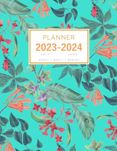 Planner July 2023-2024 June: 8.5 x 11 Large Notebook Organizer with Hourly Time Slots | Tropical Flower Leaf Design Turquoise