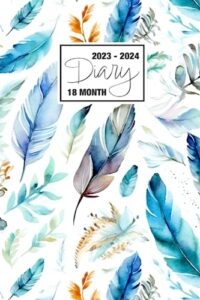 2023 - 2024: 18 month diary a5 week to view on 2 pages weekly journal agenda wo2p planner jul 23 to dec 24 horizontal with moon phases, uk & us ... boho feathers soft pastel blue tan