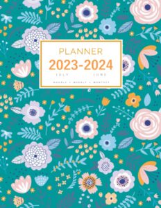 planner july 2023-2024 june: 8.5 x 11 large notebook organizer with hourly time slots | cute pastel floral design teal