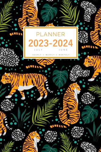 Planner July 2023-2024 June: 6x9 Medium Notebook Organizer with Hourly Time Slots | Tiger Tropical Leaf Design Black