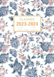 planner july 2023-2024 june: a4 large notebook organizer with hourly time slots | vintage flower leaf design white
