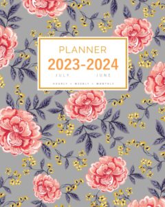 planner july 2023-2024 june: 8x10 large notebook organizer with hourly time slots | vintage leaf flower design gray