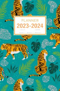 planner july 2023-2024 june: 6x9 medium notebook organizer with hourly time slots | tiger tropical leaf design teal