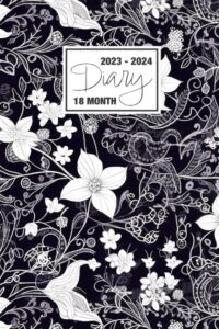 2023 - 2024: 18 month diary a5 week to view on 2 pages weekly journal agenda wo2p planner jul 23 to dec 24 horizontal with moon phases, uk & us ... charcoal white floral simple line art pattern