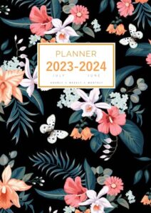 planner july 2023-2024 june: a4 large notebook organizer with hourly time slots | orchid with tropical flower design black