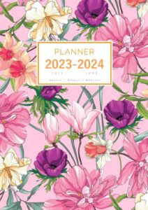 planner july 2023-2024 june: a4 large notebook organizer with hourly time slots | peony iris magnolia design pink