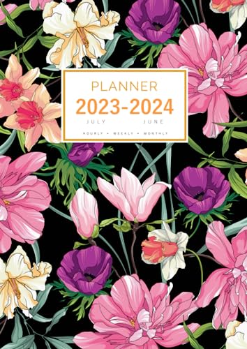 Planner July 2023-2024 June: A4 Large Notebook Organizer with Hourly Time Slots | Peony Iris Magnolia Design Black