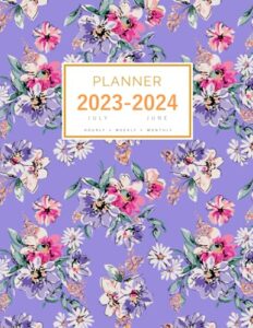 planner july 2023-2024 june: 8.5 x 11 large notebook organizer with hourly time slots | colorful sketched flower design blue-violet