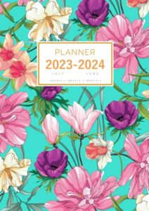 planner july 2023-2024 june: a4 large notebook organizer with hourly time slots | peony iris magnolia design turquoise