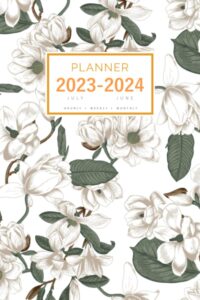planner july 2023-2024 june: 6x9 medium notebook organizer with hourly time slots | beautiful magnolia flower design white