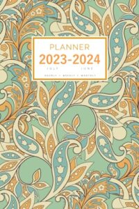 planner july 2023-2024 june: 6x9 medium notebook organizer with hourly time slots | creative ethnic flower design green