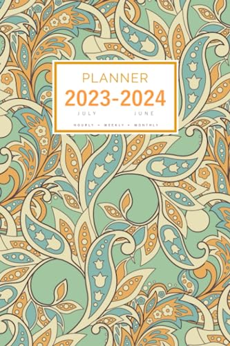 Planner July 2023-2024 June: 6x9 Medium Notebook Organizer with Hourly Time Slots | Creative Ethnic Flower Design Green