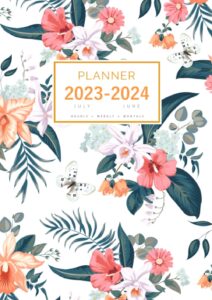 planner july 2023-2024 june: a4 large notebook organizer with hourly time slots | orchid with tropical flower design white