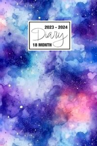 2023 - 2024: 18 month diary a5 week to view on 2 pages weekly journal agenda wo2p planner jul 23 to dec 24 horizontal with moon phases, uk & us ... watercolour clouds nebula stars and night sky