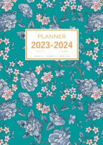 planner july 2023-2024 june: a4 large notebook organizer with hourly time slots | vintage flower leaf design teal