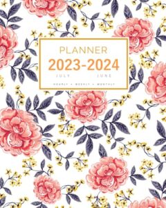 planner july 2023-2024 june: 8x10 large notebook organizer with hourly time slots | vintage leaf flower design white