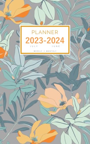 Planner July 2023-2024 June: 5x8 Weekly and Monthly Organizer Small | Trendy Magnolia Blossom Flower Design Gray