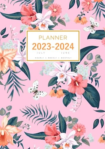 Planner July 2023-2024 June: A4 Large Notebook Organizer with Hourly Time Slots | Orchid with Tropical Flower Design Pink